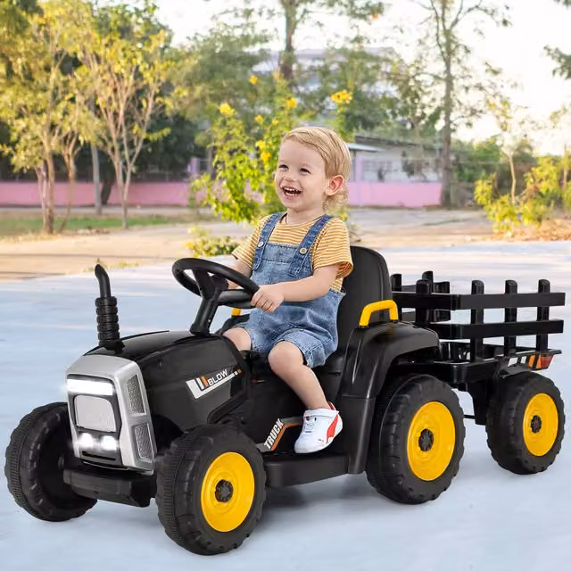 Costway 12V Kids Electric Ride on Tractor and Trailer with Light and Sound, Black