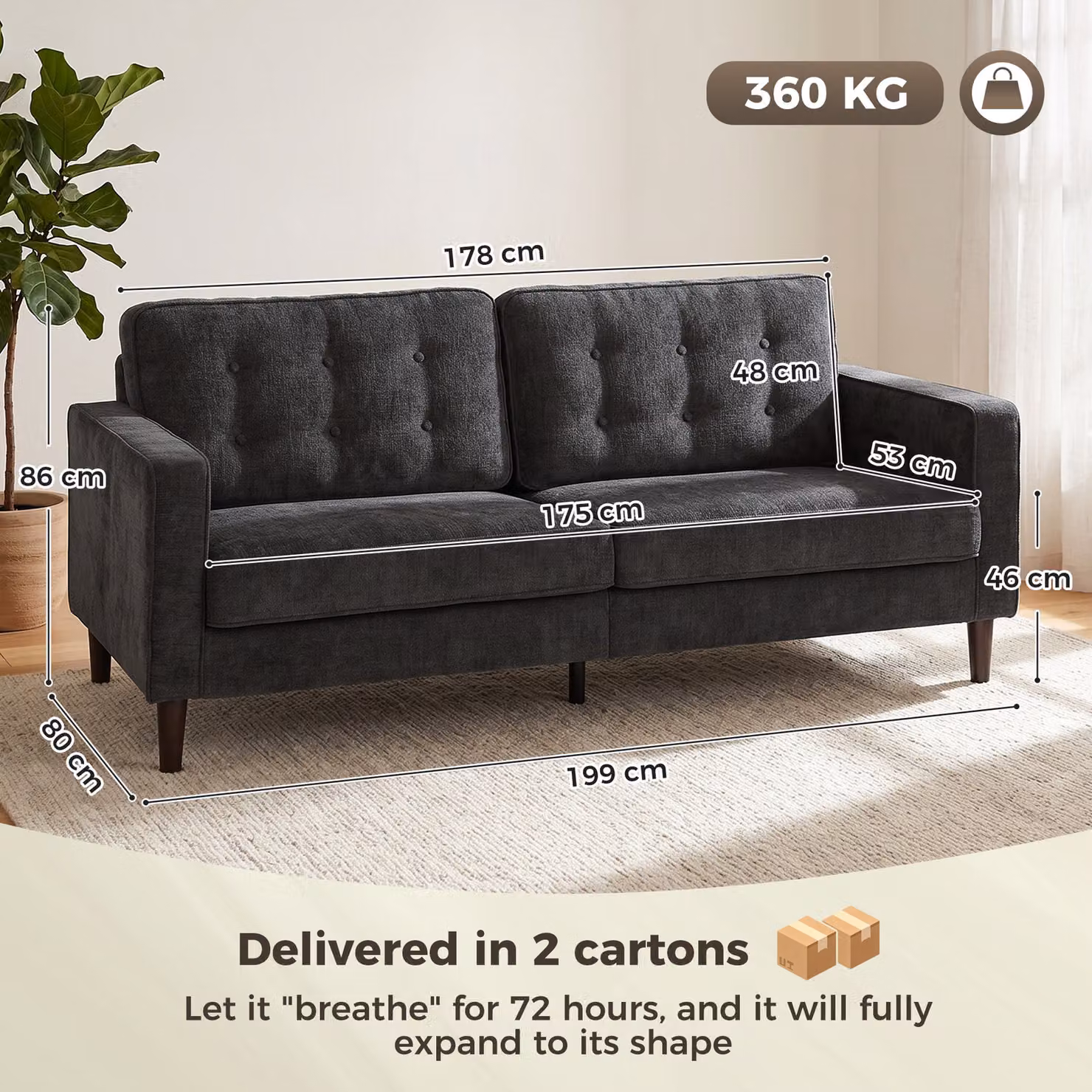 HOMCOM 3 Seater Button Tufted Velvet Sofa in Grey with Wood Legs – 3
