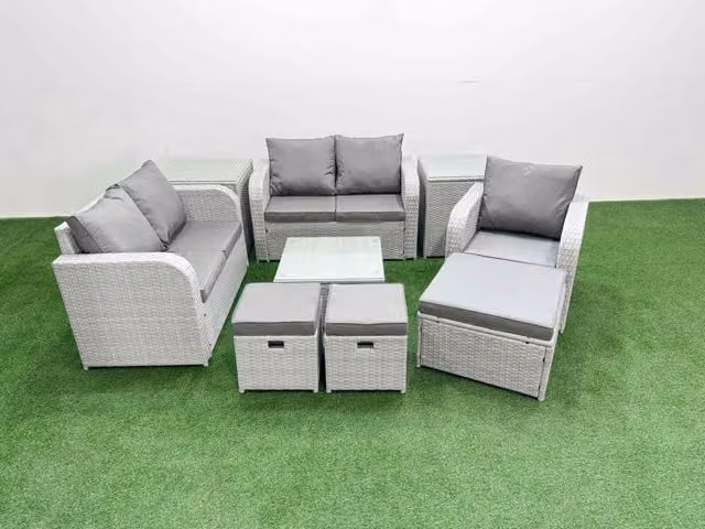 Fimous Grey Poly Rattan Garden Furniture Set with Reclining Chair, Loveseat Sofa, Square Coffee Table, 3 Stools and 2 Side Tables