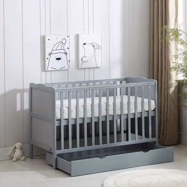 MCC Direct CozyCubs Orlando Wooden Baby Cot Bed with Drawer and Mattress in Grey