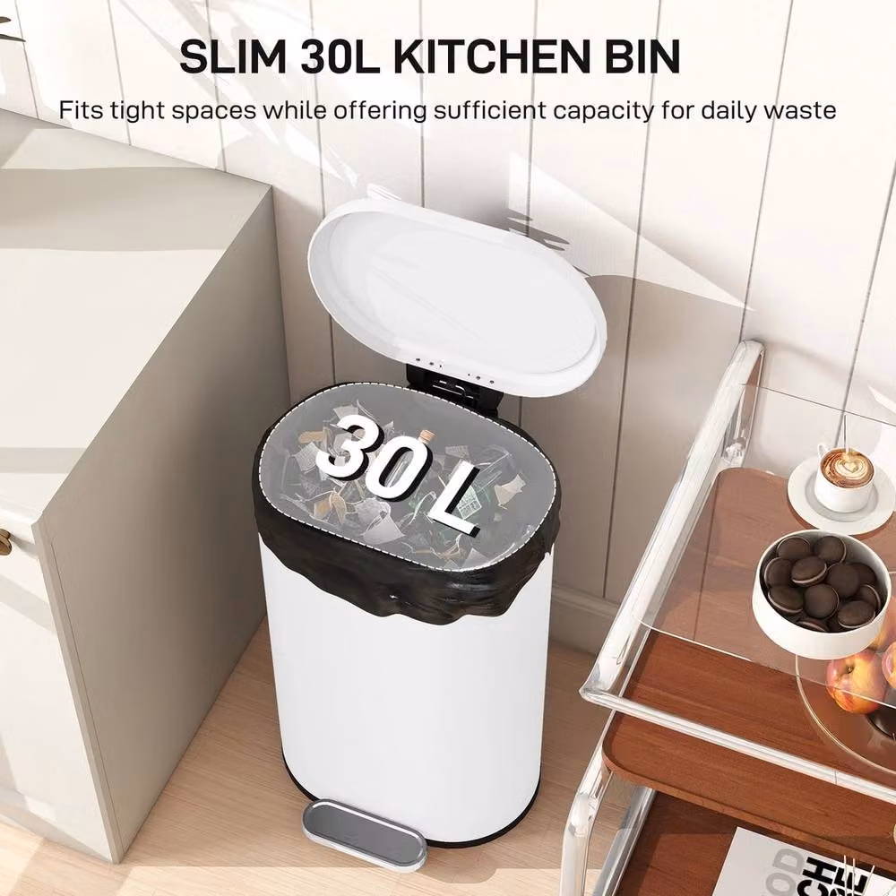 NESTLUNE Slim Rectangular Pedal Bin with Soft-Close Lid, White, W: 80 cm, D: 30 cm, H: 100 cm – 4