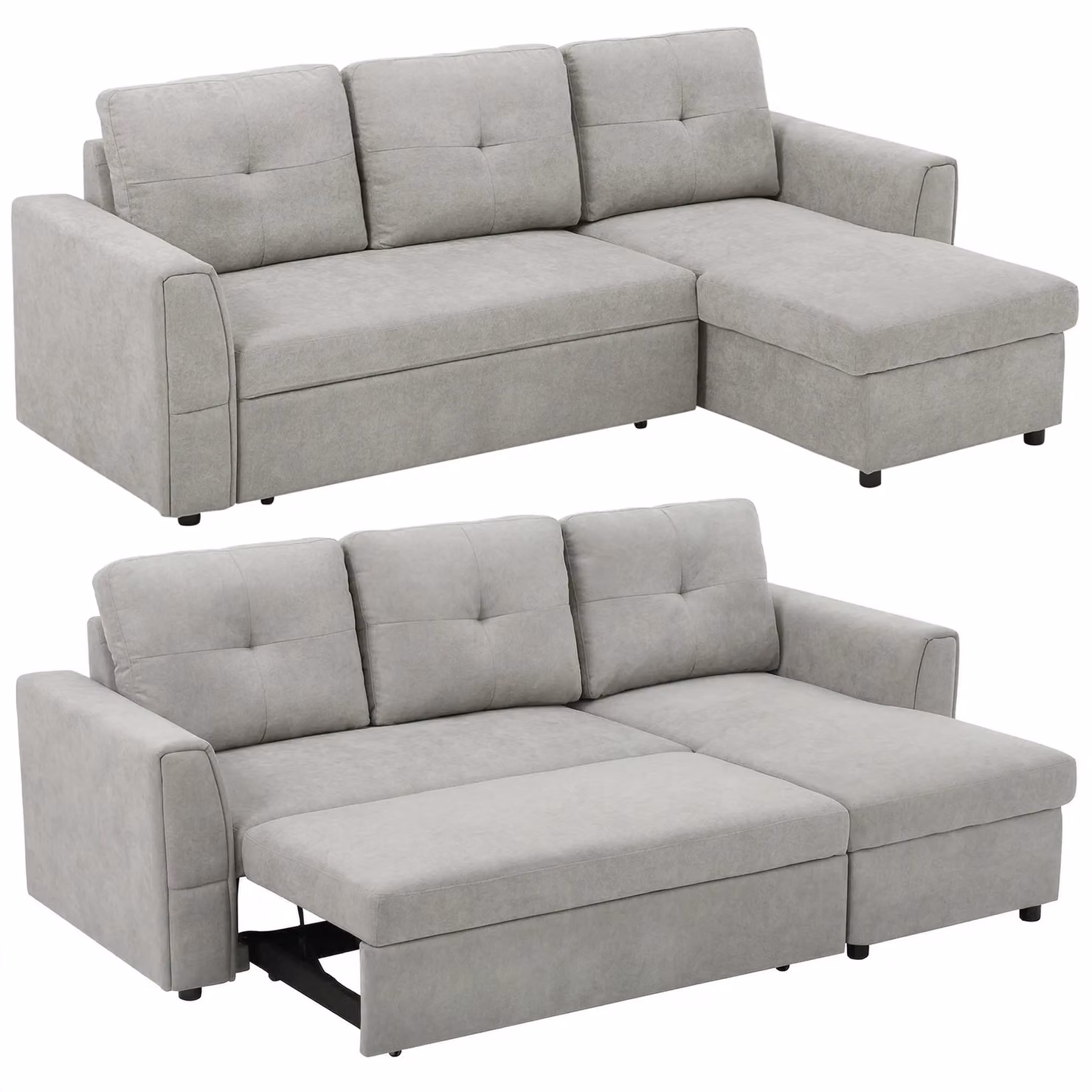 HOMCOM L-Shaped Sofa Bed with Storage in Grey Linen-Look Fabric – 2