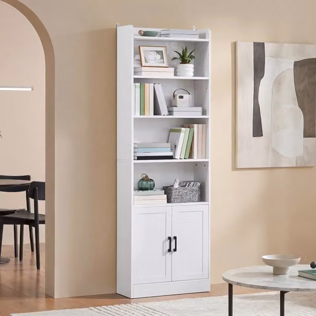 Yaheetech 7-Tier Tall Bookcase with Cabinet in White