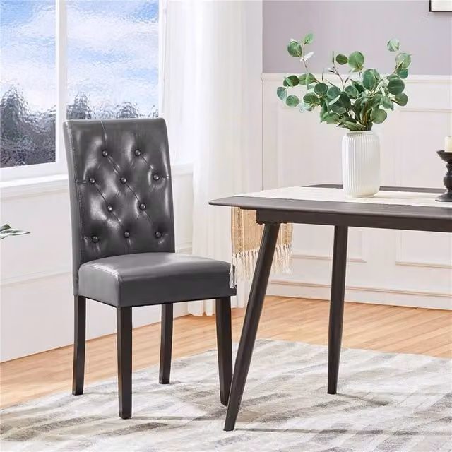 KORVIXA Set of 2 Grey Faux Leather Dining Chairs with Rubberwood Legs