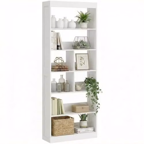 HOMCOM 6-Tier Modern White Bookcase with 4 Cubes and Media Compartments, H 180 x W 68 x D 24 cm