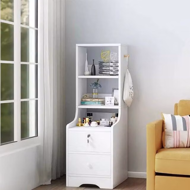 KORVIXA 3 Tier Tall Bedside Table and Side Cabinet in White, Height: 100 cm