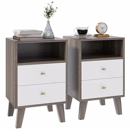 HOMCOM Set of 2 Modern Bedside Tables with 2 Drawers in Grey and White, W/D/H: 40 x 34 x 64 cm