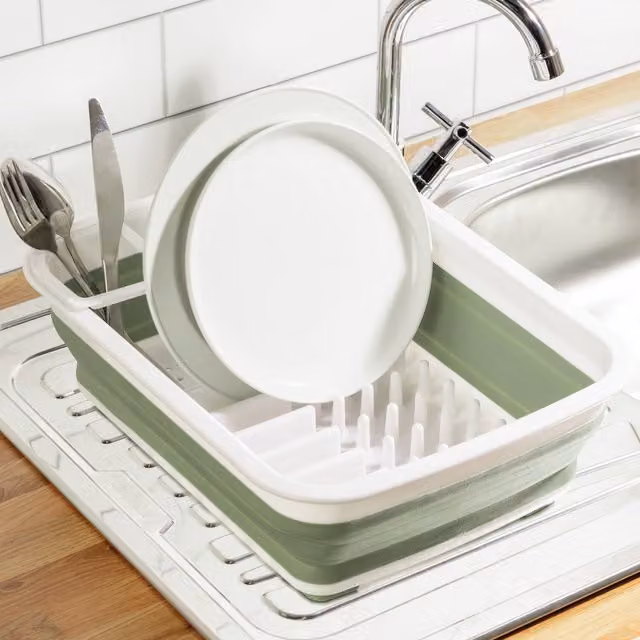 My Home Collapsible Green Plastic Dish Rack with Cutlery Holder