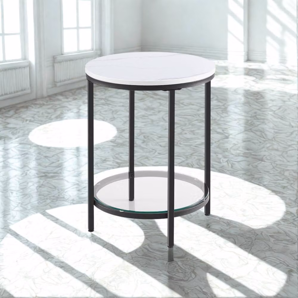 Pirlo Plush 2 Tier Round Faux Marble Accent Coffee Side Table in White, W/D/H: 45 x 45 x 55 cm – 2