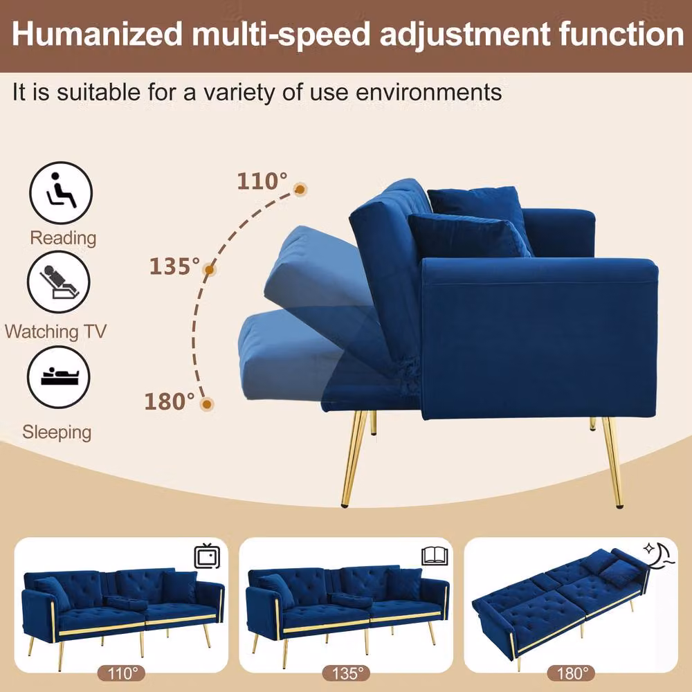 BTM Blue Velvet Two Seater Sofa Bed with Adjustable Headrest and Cup Holders, W/D/H: 174 x 150 x 76 cm – 7