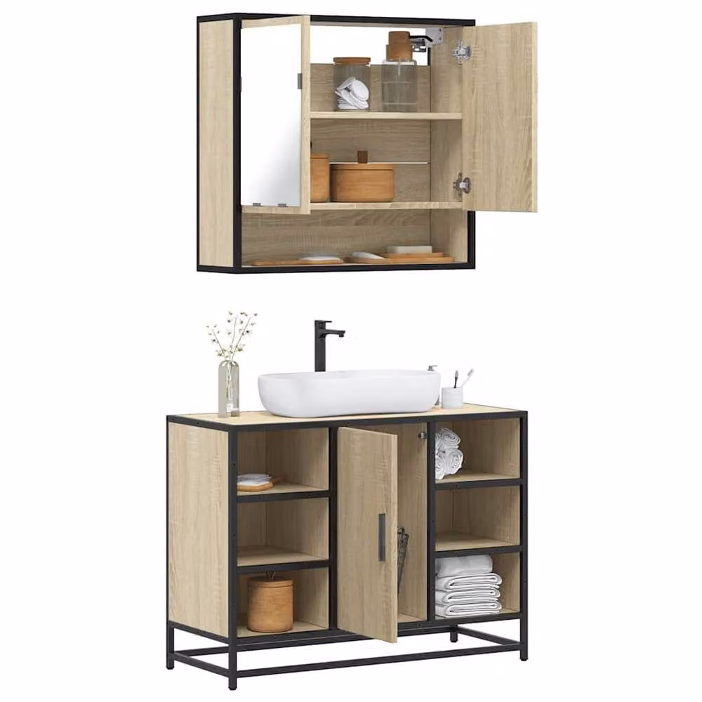 Berkfield Home 2 Piece Industrial Bathroom Furniture Set in Brown Sonoma Oak with Vanity Unit and Mirror Cabinet – 2