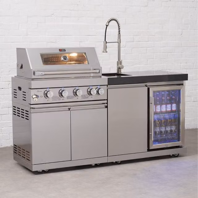 Draco Grills 4 Burner Gas BBQ Outdoor Kitchen with Sink, Fridge Unit and Granite Worktop in Silver Stainless Steel, W/D/H: 283.8 x 119.0 x 80.0 cm