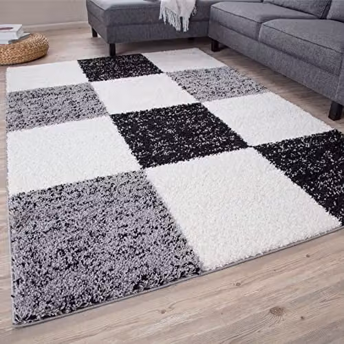 THE RUGS Modern Grey Checked High Pile Shaggy Area Rug, W/D: 110 x 60 cm – 1