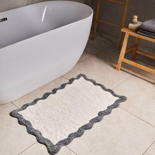 Wyld and Coco Cotton Bath Mat in Beige and Grey with Geometric Wavy Edge, W: 60 cm x D: 90 cm – 1