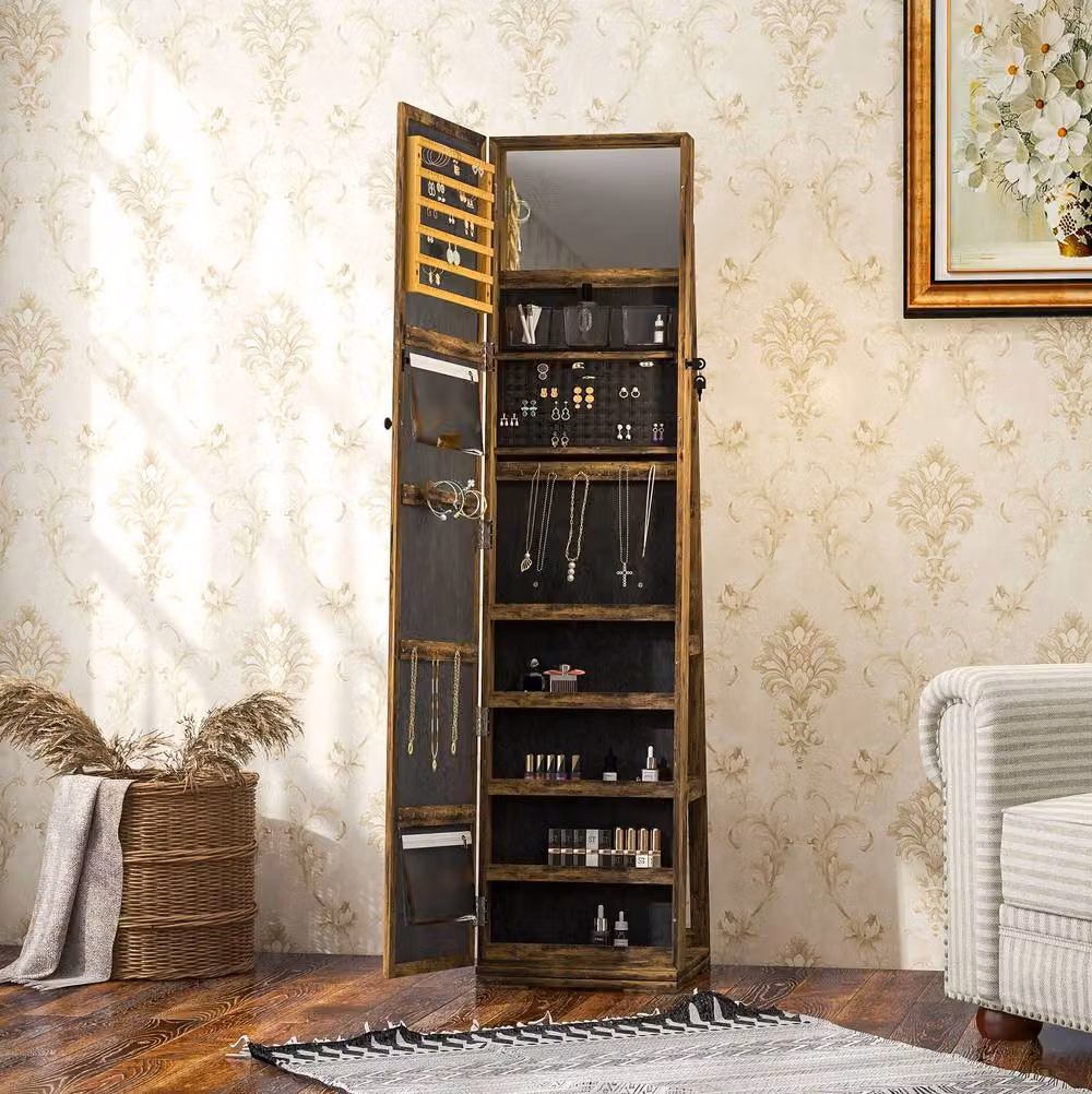 STILVORA Jewellery Cabinet with Mirror, Internal Shelves and Lock, Rustic Brown – 2