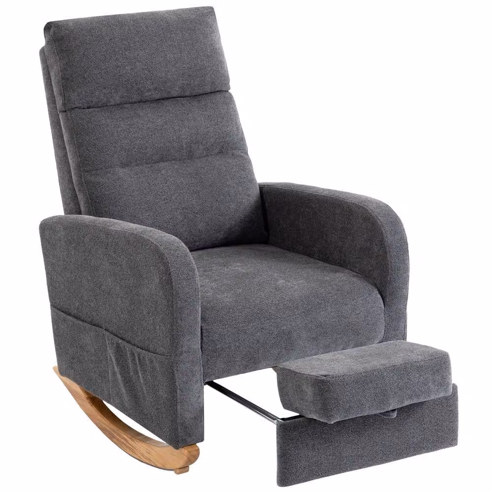 STILVORA Modern Grey Fabric Rocking Chair with Retractable Footrest and Solid Rubberwood Frame – 4