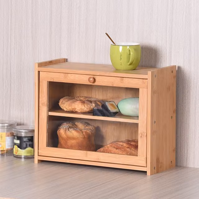 Livingandhome 2-Tier Bamboo and Acrylic Bread Storage Box, Brown and Transparent