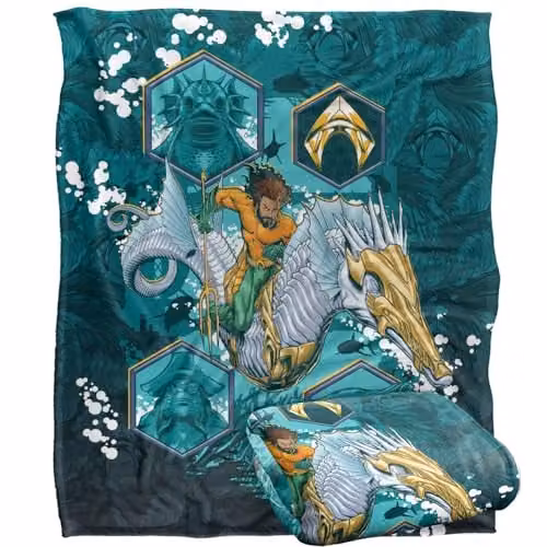 LOGOVISION Aquaman and The Lost Kingdom Fleece Blanket, W: 152 cm, D: 127 cm, Multicolour and White – 1