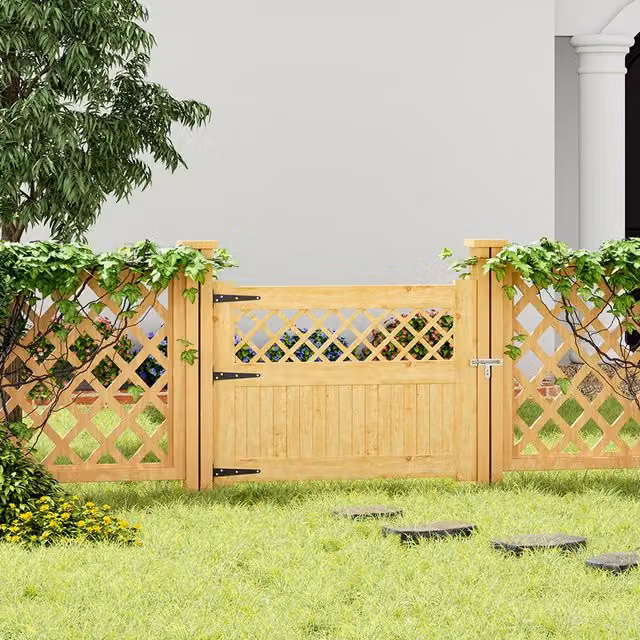 Livingandhome Rhombus Wood Garden Fence Gate in Natural Brown and Yellow, W: 120 cm, H: 90 cm