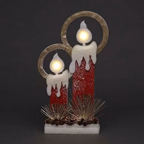 Shatchi Red and Silver Pre-Lit Twin Christmas Candles with Glitter Foam Snow Finish, Height: 31 cm – 1
