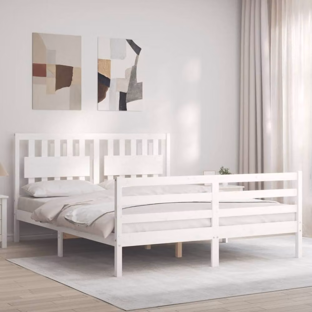 Berkfield Home Solid Wood Bed Frame with Headboard in White, 160 x 200 cm – 2