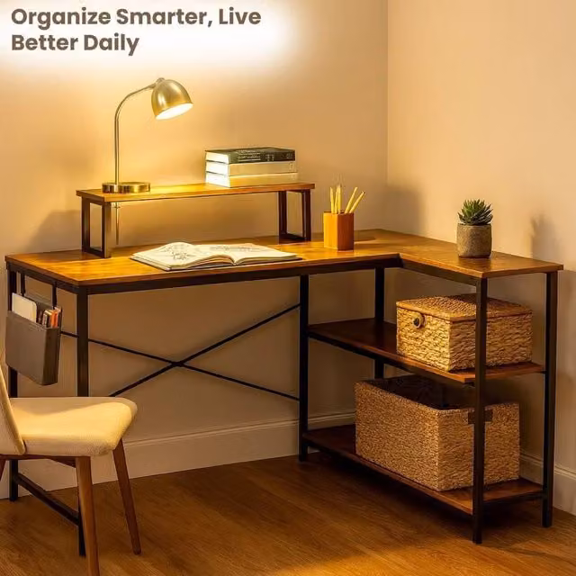EONLION L-Shaped Corner Home Office Computer Desk in Brown – 1
