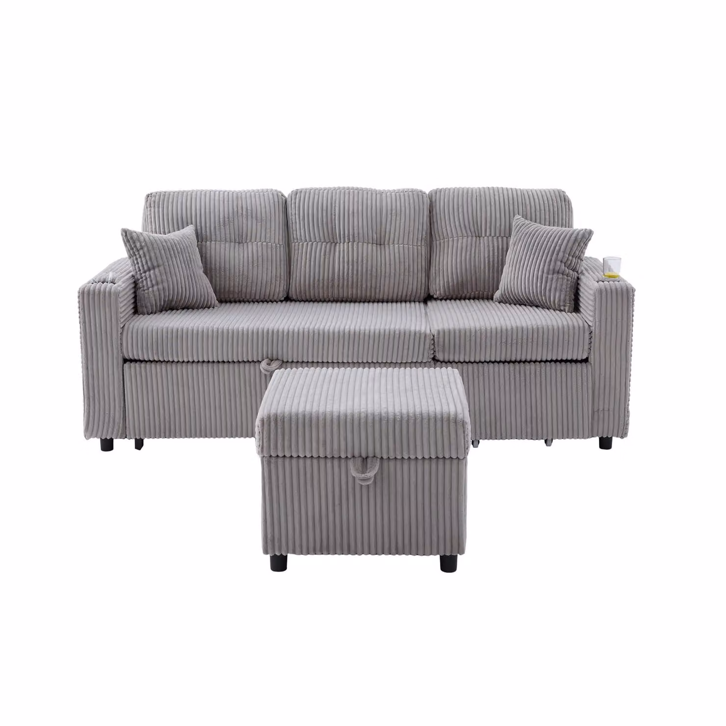 Aosom UK Multifunctional Corduroy Sofa Bed with Hidden Storage, LED Lighting, USB Charging and Cup Holders, Light Grey, W: 196 cm, D: 82 cm, H: 85 cm – 2