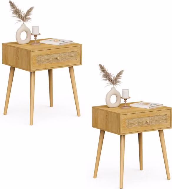 VonHaus Sienna Bedside Table with Rattan Drawers in Brown
