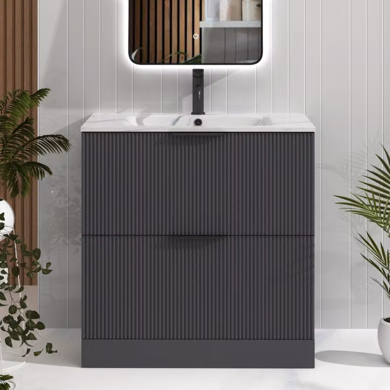 Royal Bathrooms Evora 800mm Graphite Grey Fluted Floor Standing 2 Drawer Vanity Unit with Carrara White Basin and Matt Black Handles