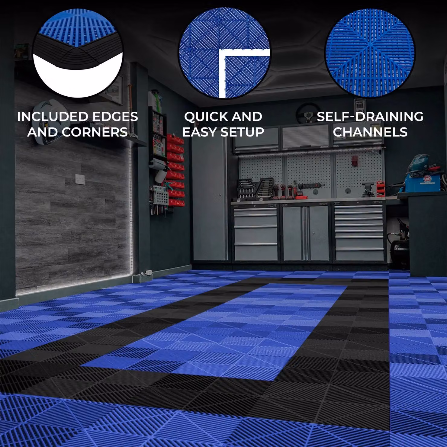 Monstershop Vented Garage Floor Tiles with Edges, Blue and Black Plastic Set – 2