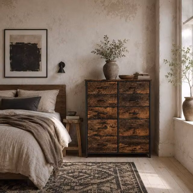Wyld Haus Nalima 10 Drawer Storage Chest in Rustic Brown with Fabric and Metal Construction