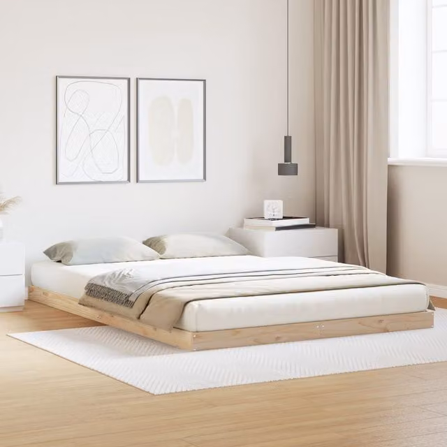 Berkfield Home Solid Wood Pine Floor Bed Frame in White and Beige, W: 140 cm, D: 220 cm – 1