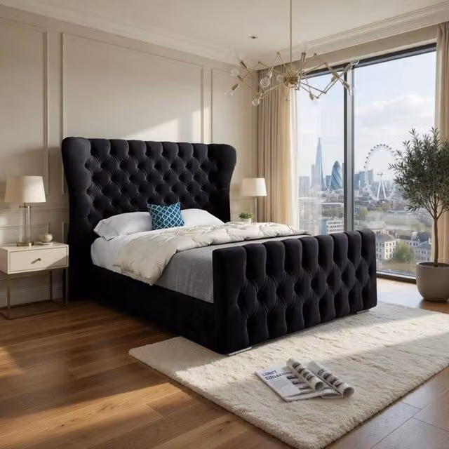 KDMD Silverdale Wide Curved Black Soft Velvet Designer Bed Frame, Small Double, W/D/H: 137 x 128 x 120 cm