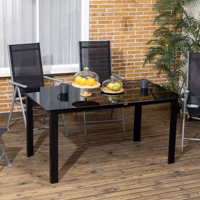 Outsunny Modern Black Metal and Glass Outdoor Garden Dining Table