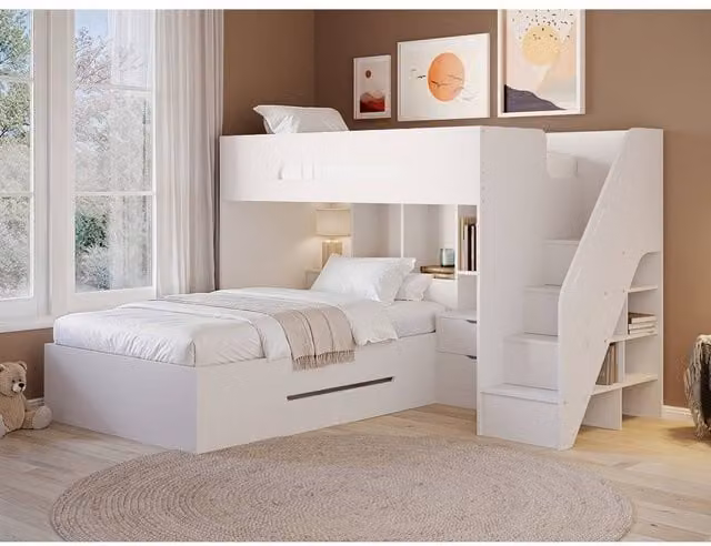 Flair Greyson White Solid Wood Triple Bunk Bed with Stairs and Storage Drawers, W/D/H: 200 x 120 x 219.1 cm – 1