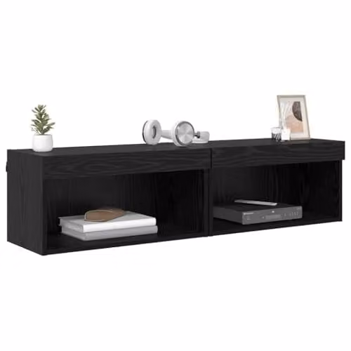 vidaXL Modern Wall Mounted TV Cabinet Set of 2 in Black Oak with Integrated Lighting – 1