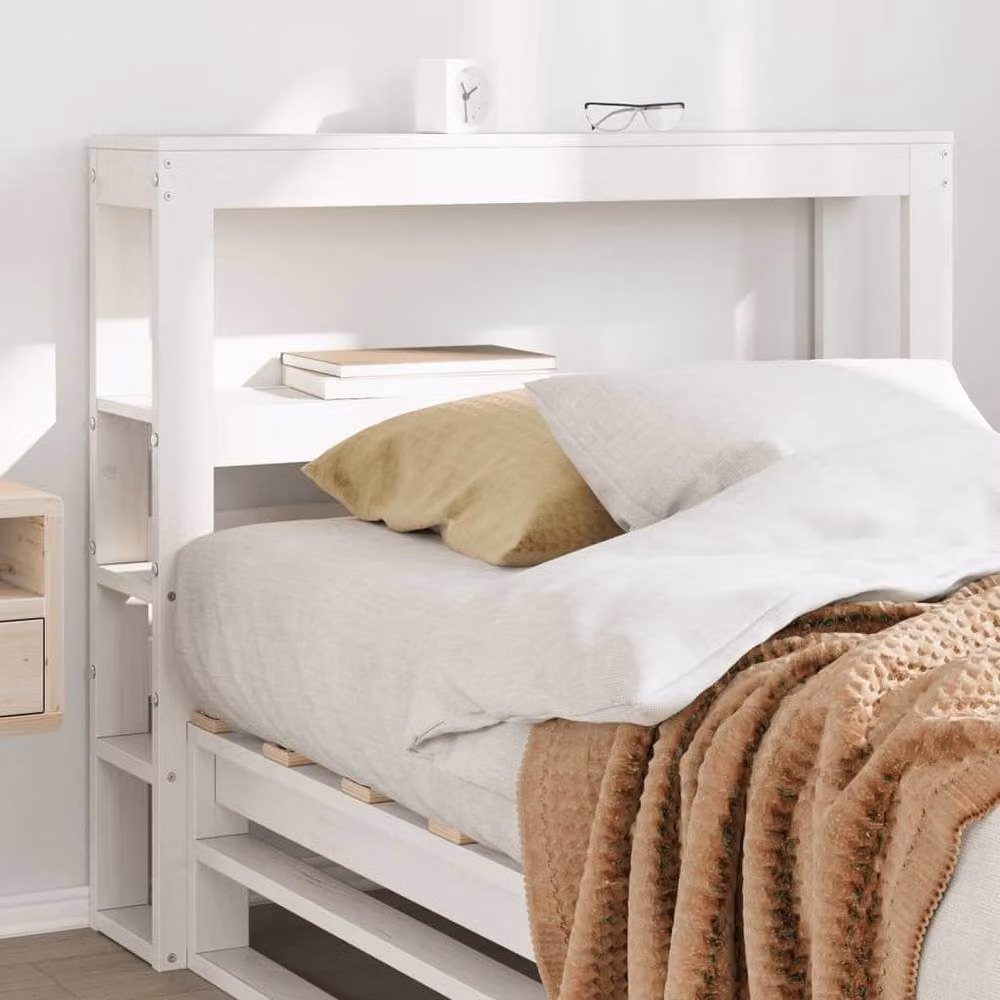 Berkfield Home White Rustic Solid Wood Pine Headboard with Integrated Bedside Shelves, Width: 75 cm – 2