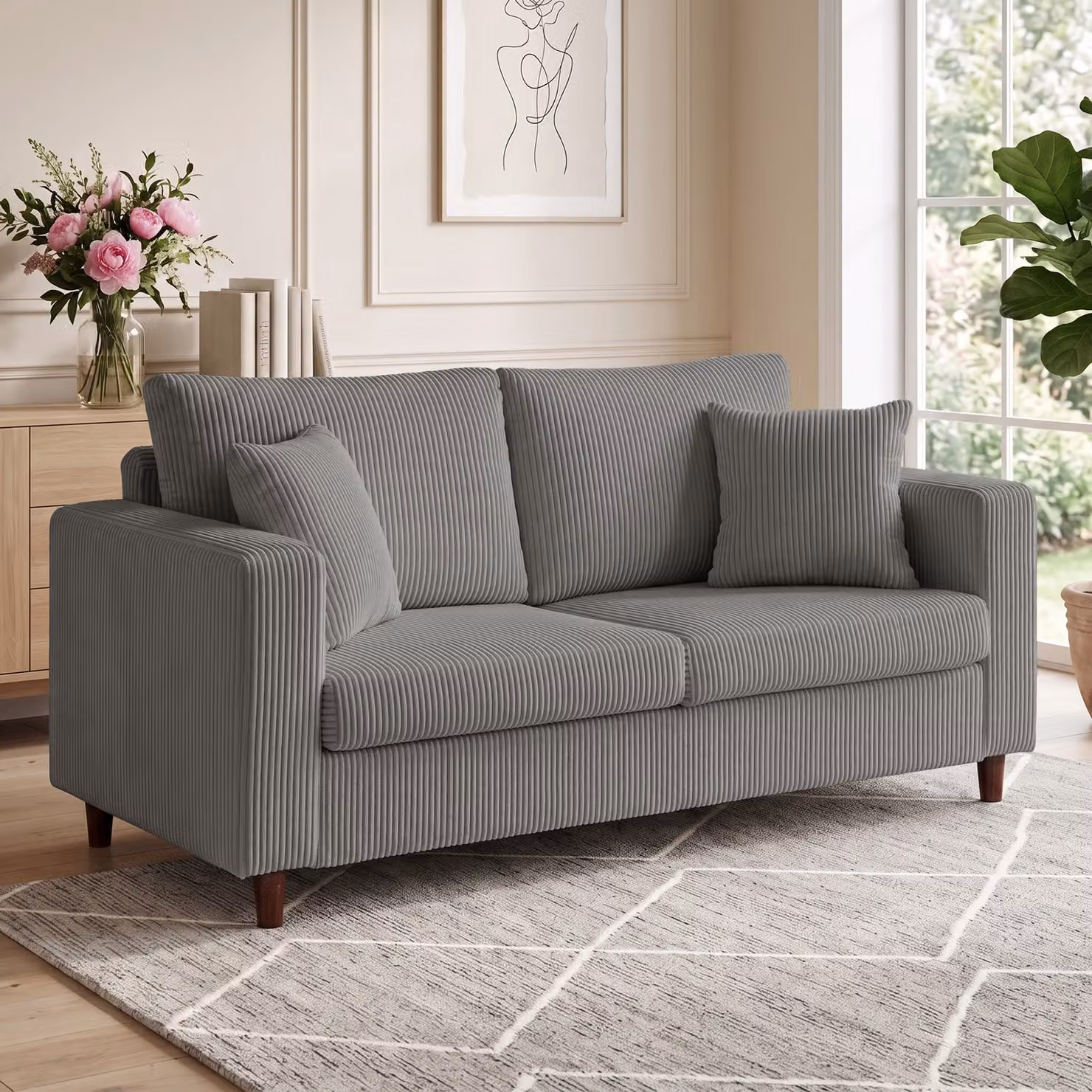 HOMCOM Corduroy 2 Seater Loveseat Sofa with Deep Wide Seat and Scatter Cushions, Light Grey – 2