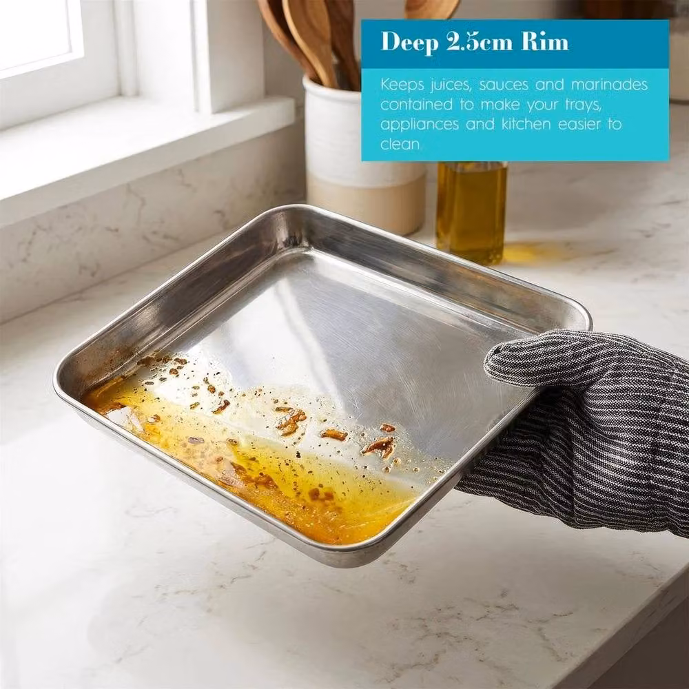 PAWNORA Set of 4 Rectangular Stainless Steel Oven Roasting Bakeware Trays in Silver – 3