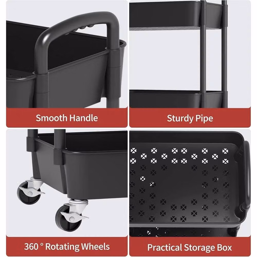 VOGREX 4-Tier Plastic and Metal Rolling Utility Cart Storage Organiser in Black – 3
