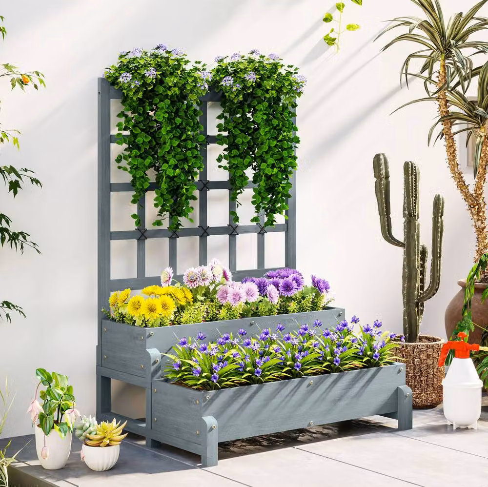 STILVORA 2-Tier Wooden Raised Garden Bed with Trellis in Grey, W/D/H: 121 x 66 x 88 cm – 2