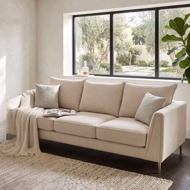 Stratus Interiors Elaine 3 Seater Velvet Fullback Sofa in Cream with Gold Legs