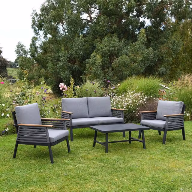 Garden Gear Modern Four Seater Aluminium Lounge Patio Furniture Set with Upholstered Cushions in Grey