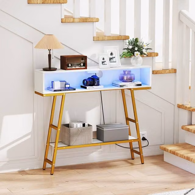 Costway 3-Tier Industrial Console Table with LED Light and Charging Station in White – 1
