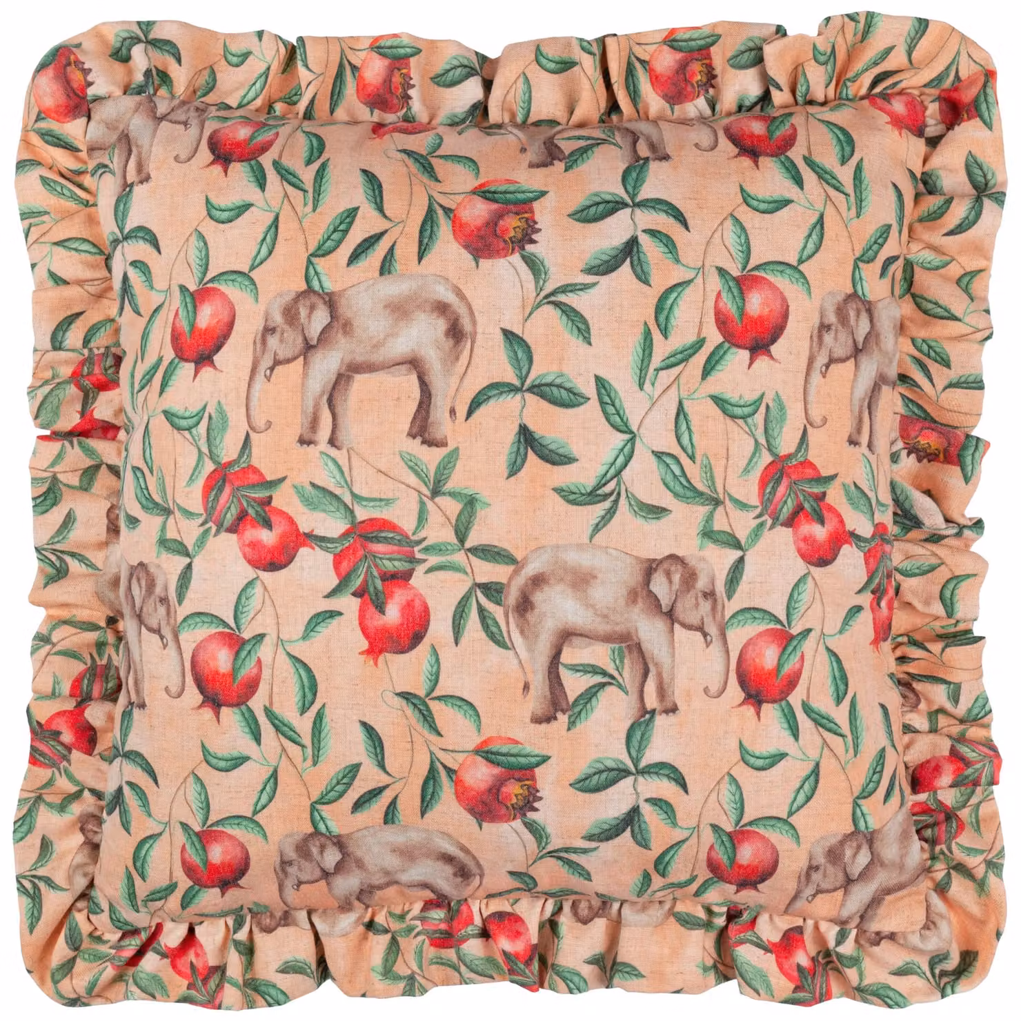 Wylder Tropics Okara Elephant Printed Ruffle Cushion in Peach and Pink Linen with Polyester Filling, W/D/H: 50 x 50 x 50 cm – 2