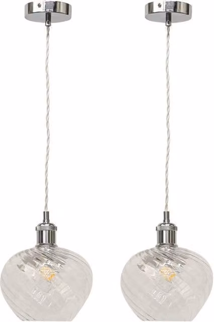 First Choice Lighting Bradson Set of 2 Retro Pendant Lights with Transparent Swirl Glass and Chrome Finish
