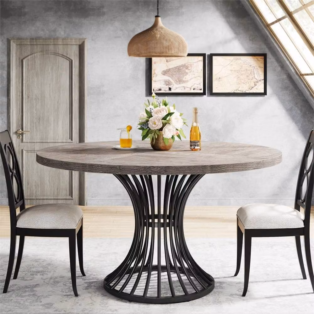 Nordara Grey Round Dining Table for 4-6 People, Industrial Matt MDF and Metal Kitchen Table – 4