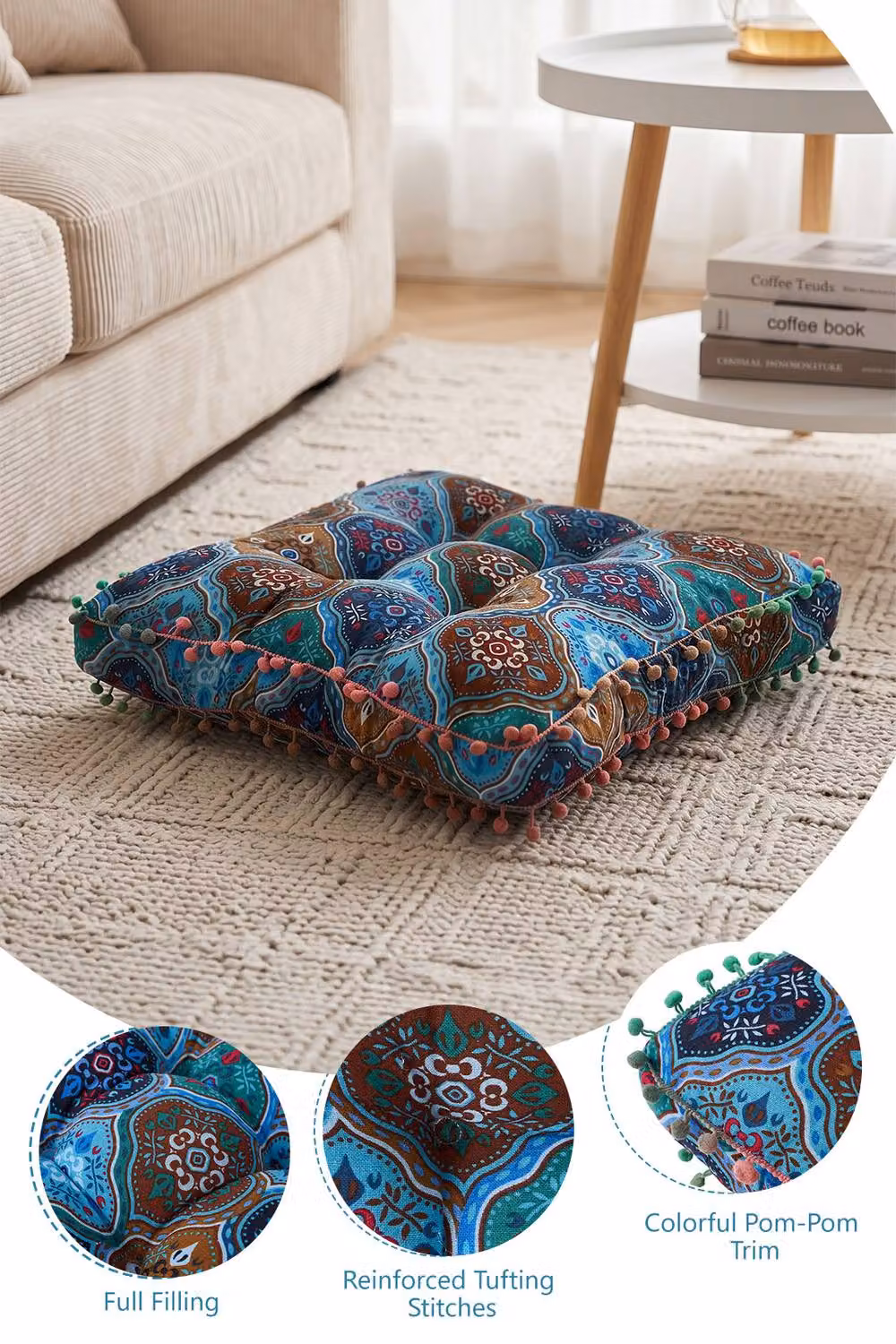 Garden Sanctuary Square Tatami Seat Cushion in Blue Multicolour Linen – 3