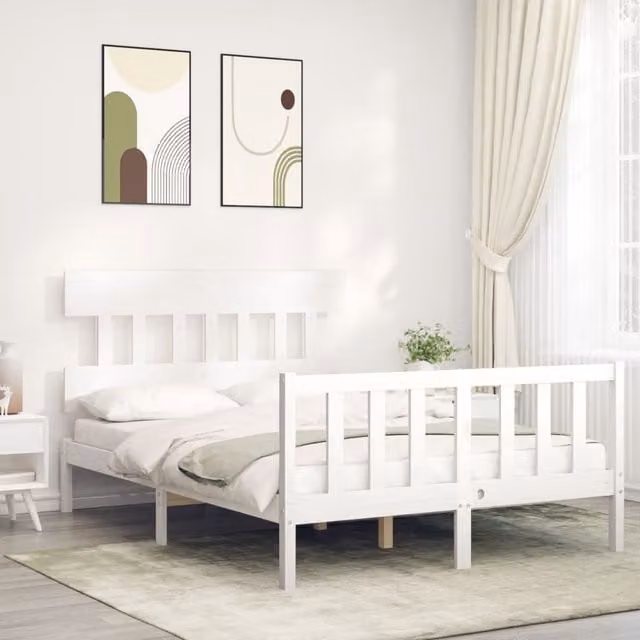 Berkfield Home White Solid Pine Wood Bed Frame with Headboard W/D/H: 140 x 200 cm