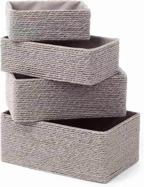 LIVIVO Set of 4 Grey Paper Rope Woven Stackable Storage Baskets for Home, Office and Bathroom – 1